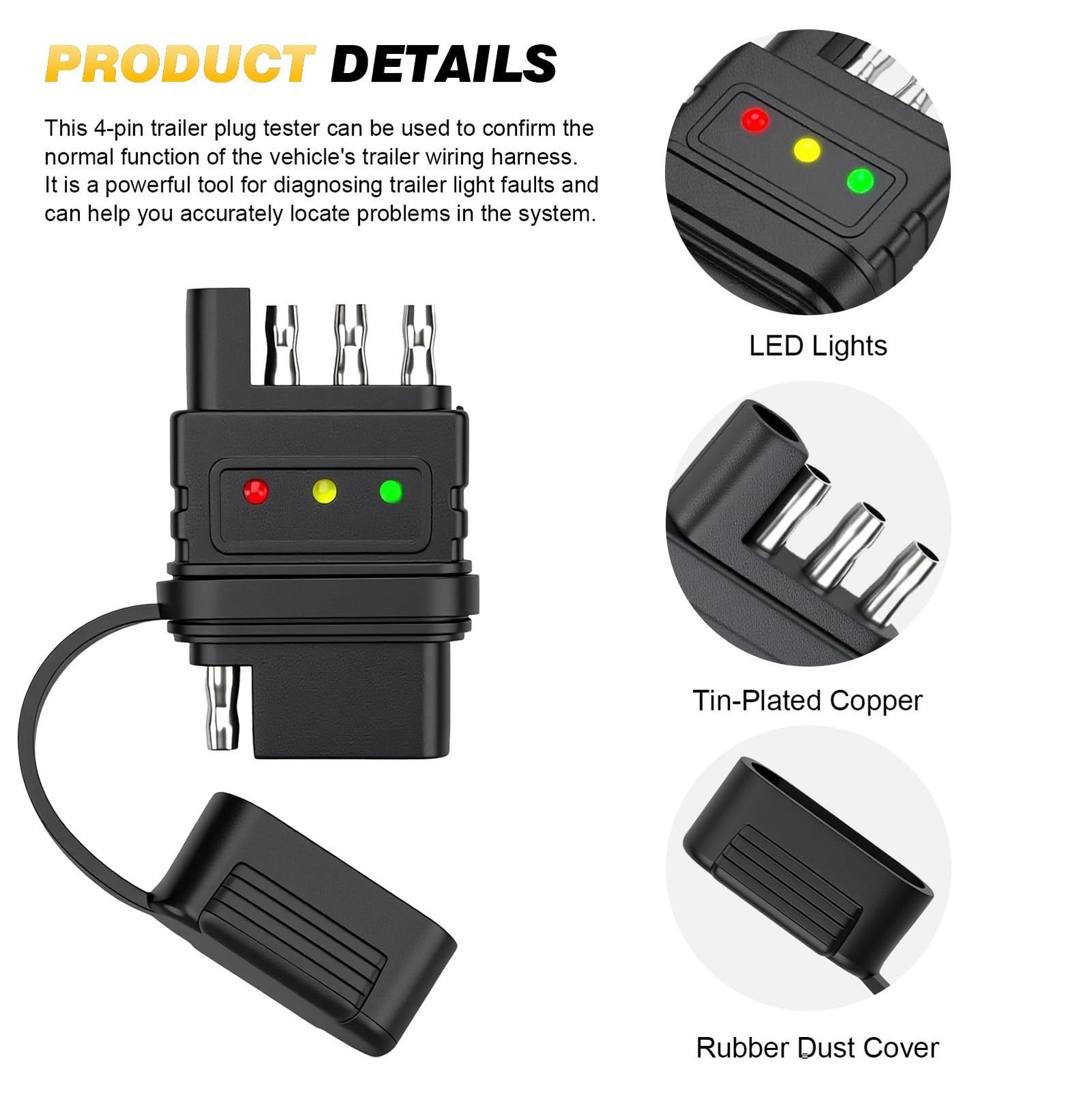 4-Way Flat Trailer Wiring Tester – 4 Pin Male & Female Trailer Light Tester w…