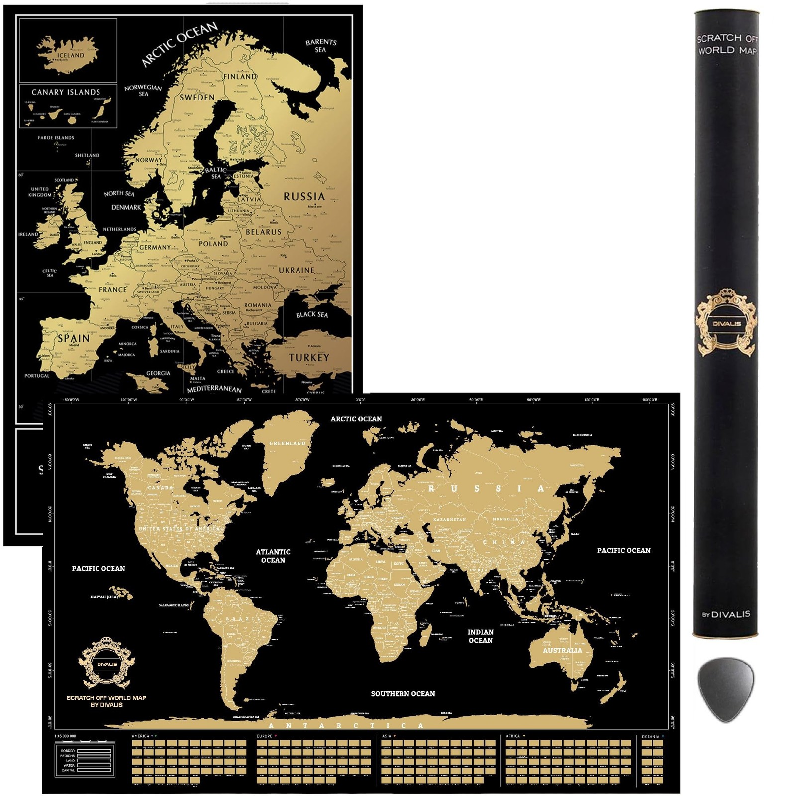 2 in 1 Gift Set – Scratch Off World Map and Europe Scratch off Map – Easy to …