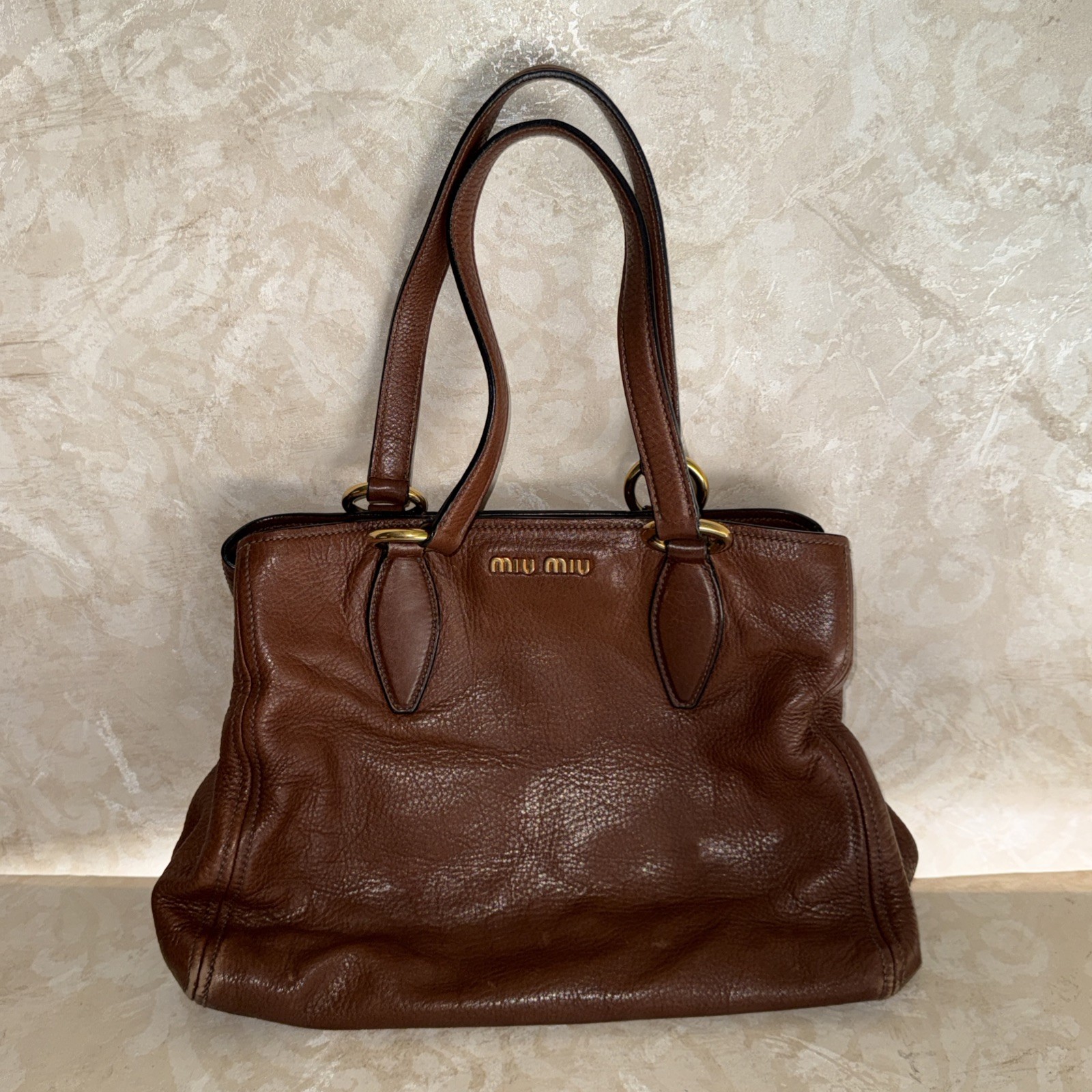 Miu Miu Vitello lux Brown Leather Hand Bag Purse ( MISSING THE SHOULDER STRAP)