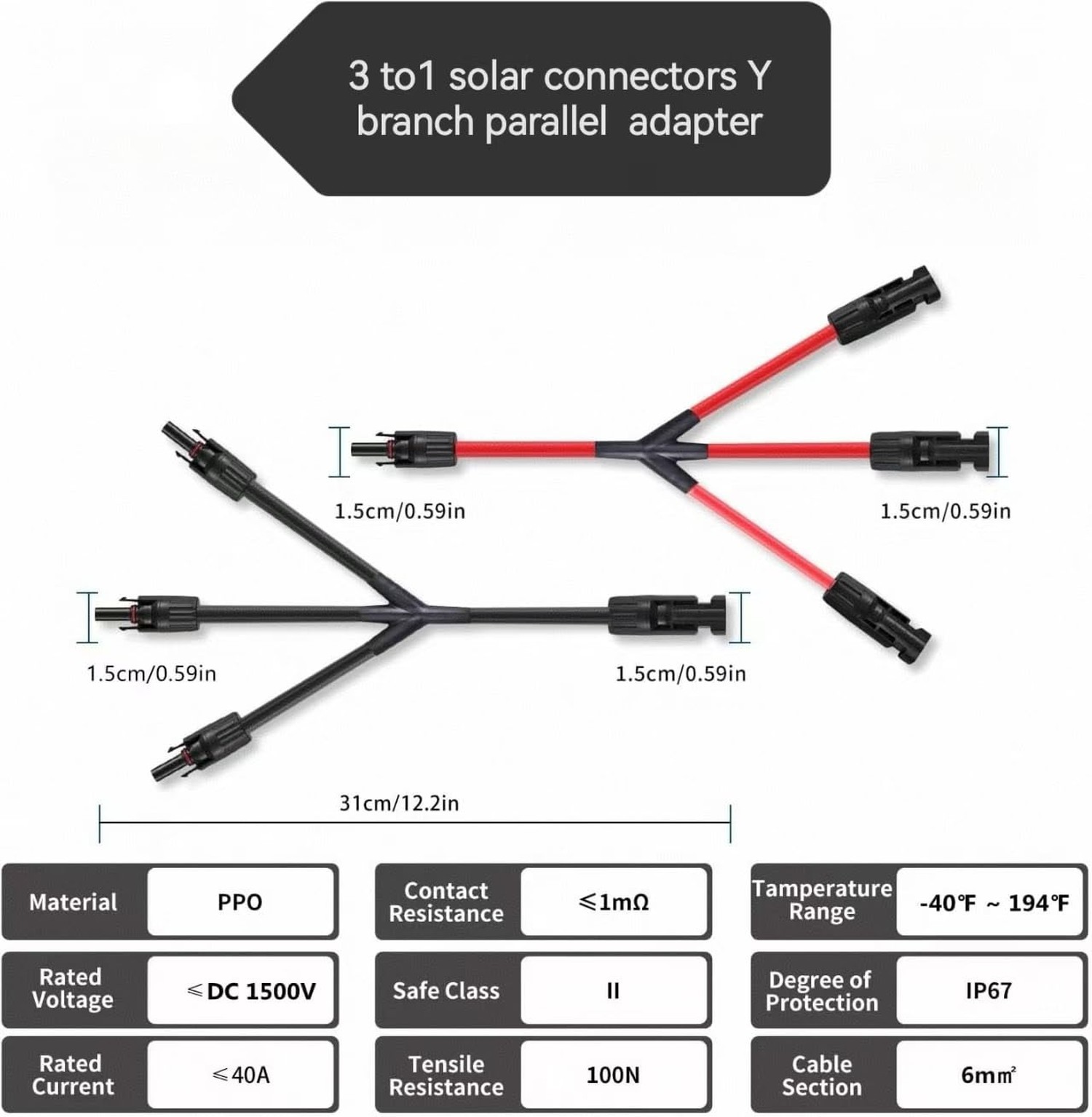 3 to 1 Solar Panel Connectors Y Branch, 1500V DC 30A, PPO Material, Parallel …