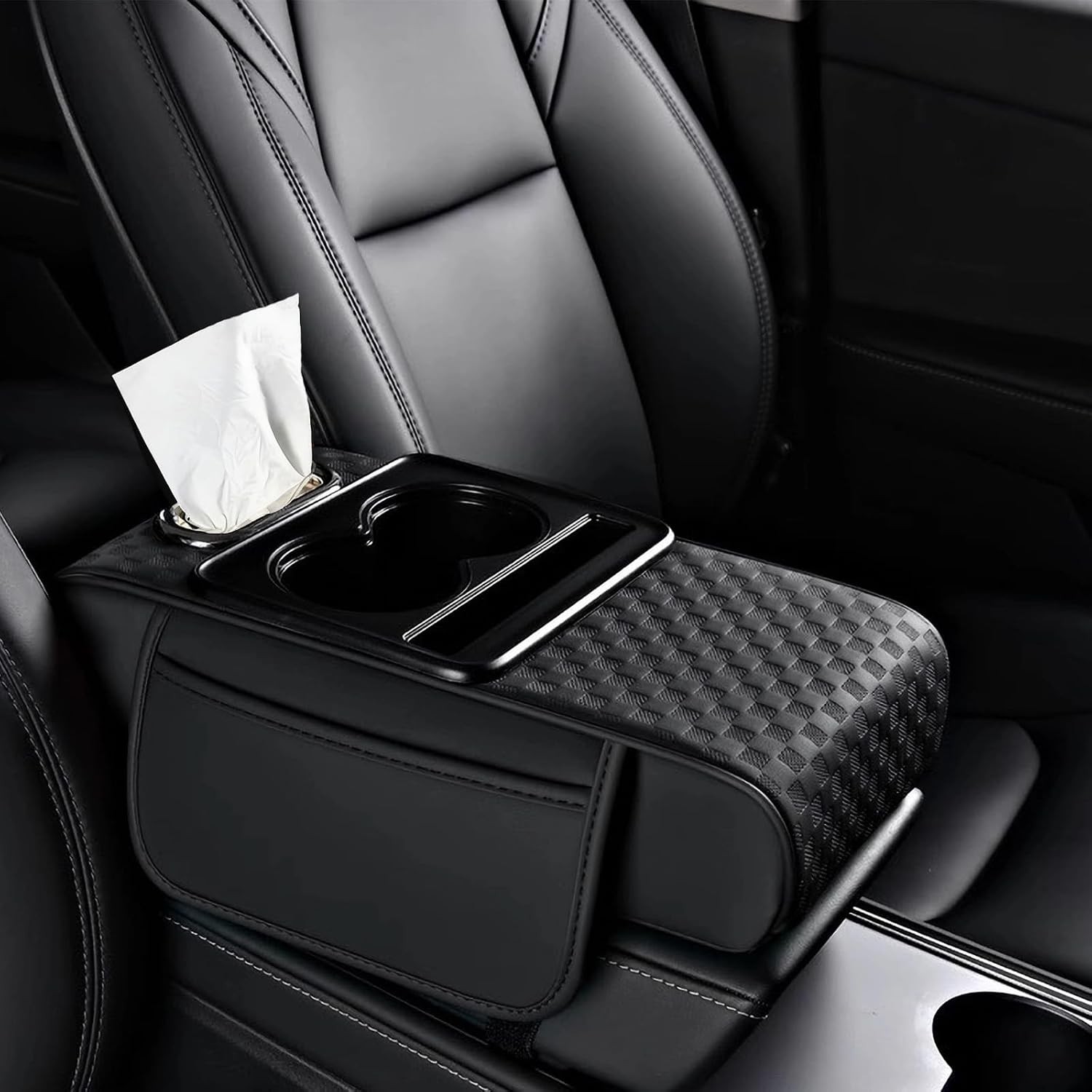 Car Center Console Cover Armrest Cushion Cup Holder Storage Phone Slot Black PU