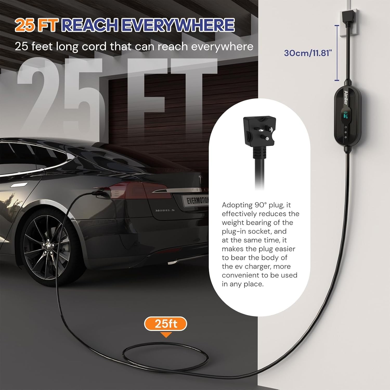 Tesla EV Charger Level 1-2 Portable 16A with 25FT Cable NACS Plug Electric Car