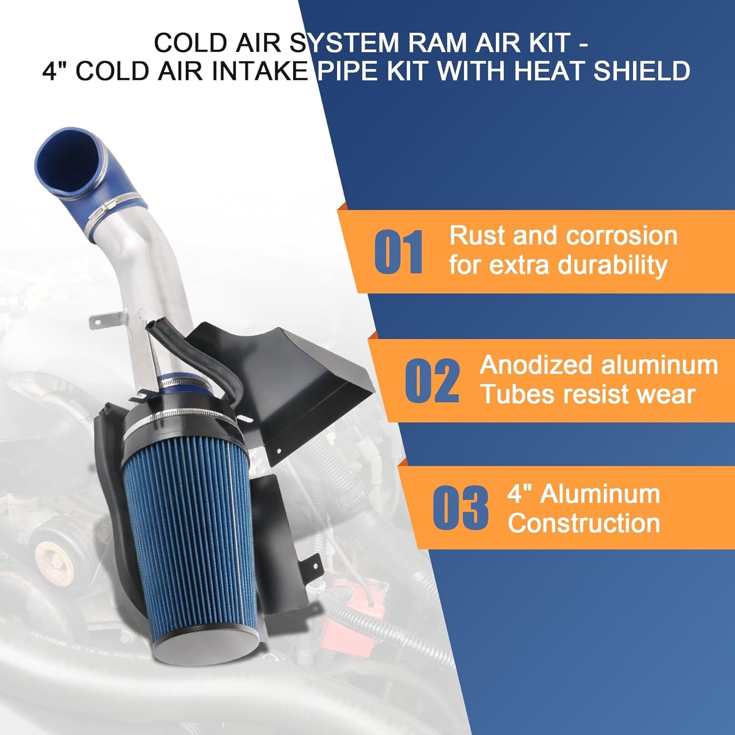 4 inch Cold Air Intake Kit with Heat Shield Replacement For Silverado 1500 2500