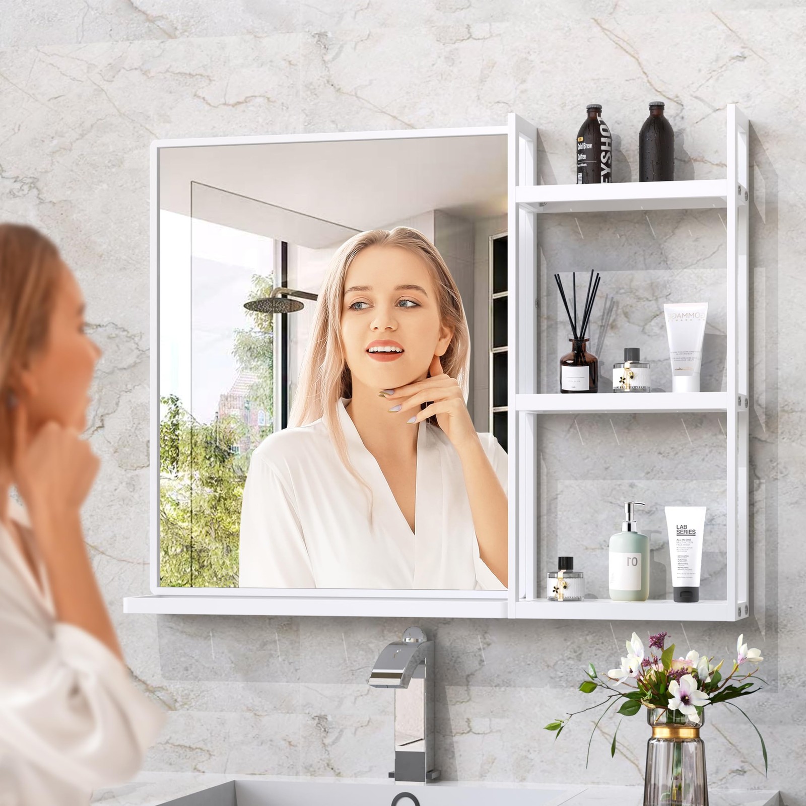 WONSTART White Metal Framed Bathroom Mirror with Shelf, 24.4 X 31 in Rectangu…