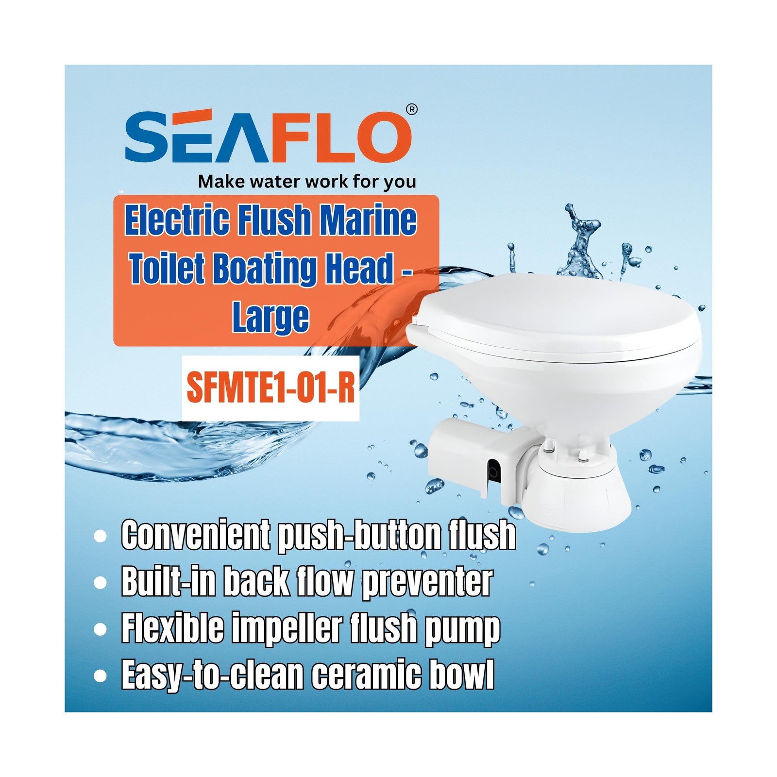 SEAFLO 12V Electric Flush Marine Toilet – Large Size Marine Head – C