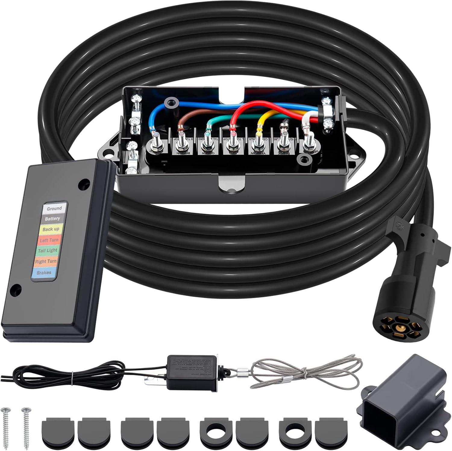 15 FT 7 Way Trailer Cord and 7 Gang Junction Box Kit with 12 V Breakaway Switch