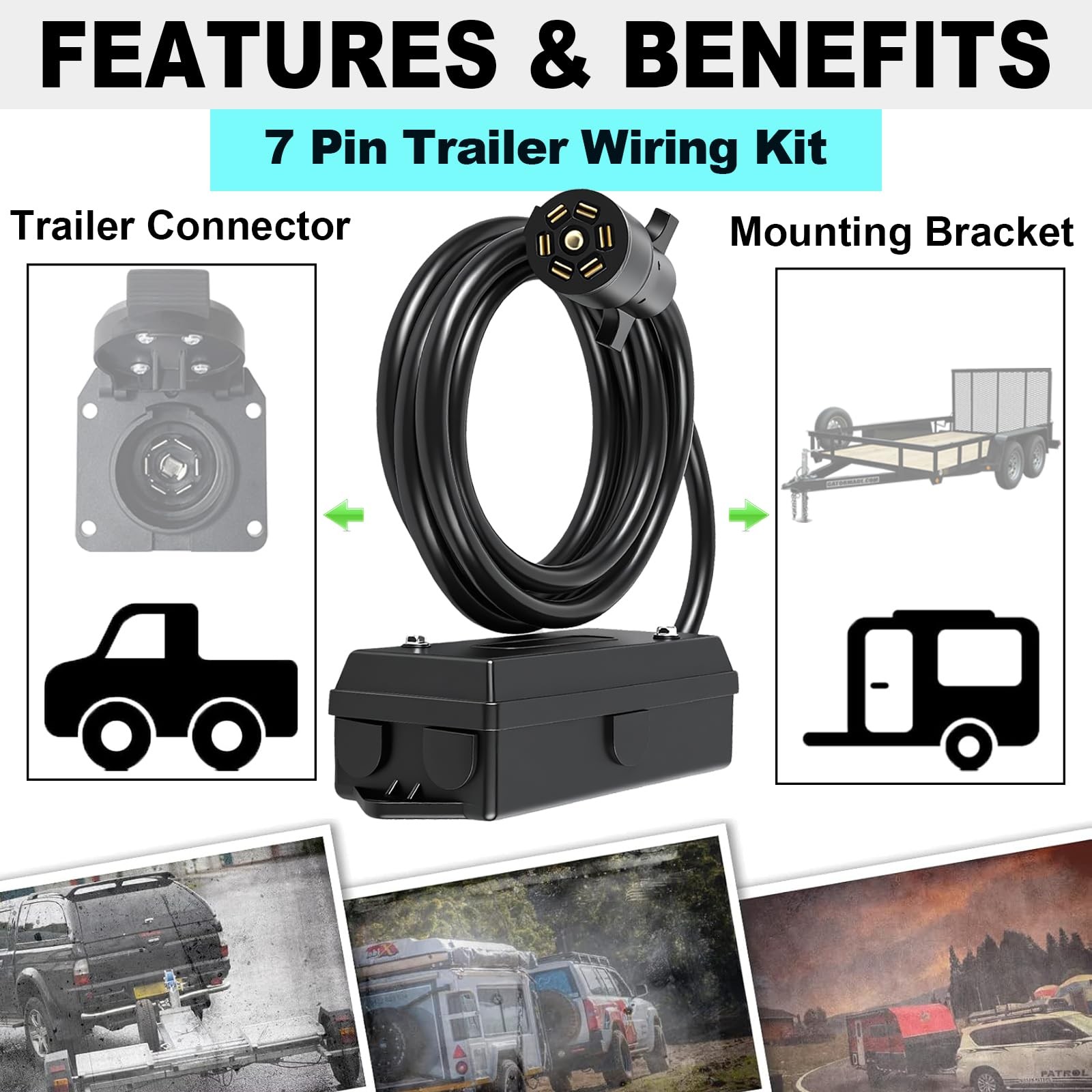 CXTM 7 Pin Trailer Wiring Harness Kit 4 Feet, 7 Gang 4FT with Junction Box