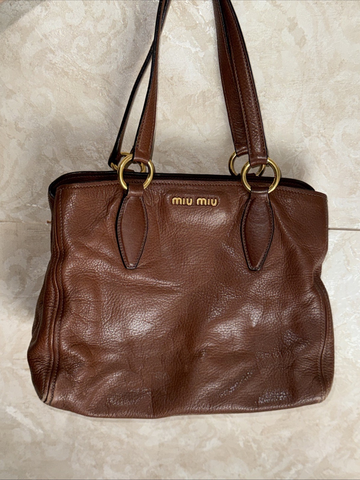 Miu Miu Vitello lux Brown Leather Hand Bag Purse ( MISSING THE SHOULDER STRAP)