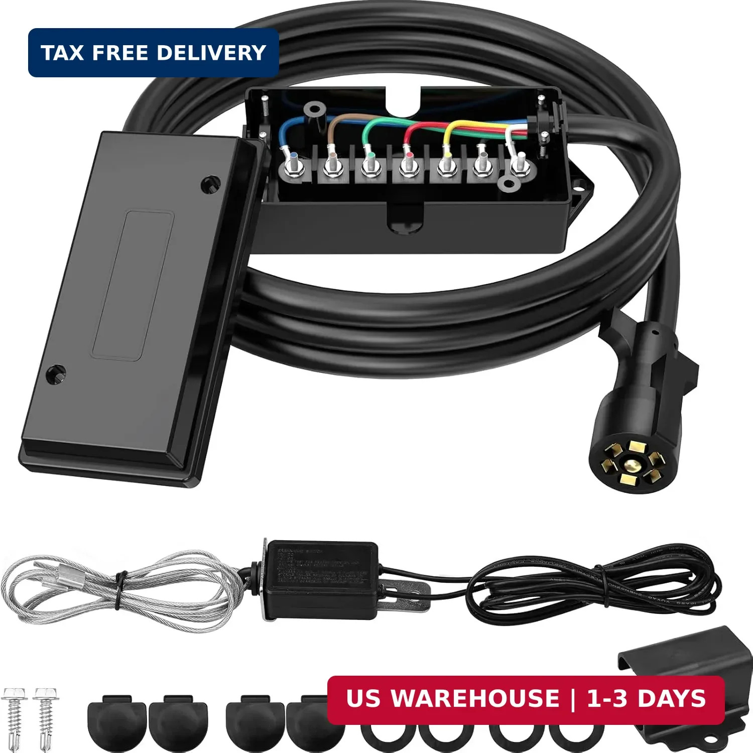 RVGUARD 7 Way Wiring Harness Kit 8 Foot Trailer Cord with 7 Gang Junction Box, I