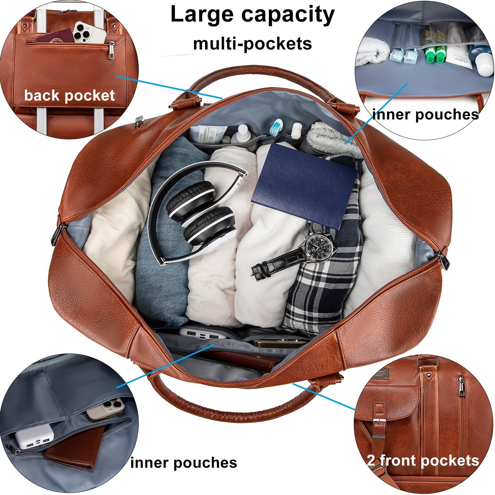 weiatas Faux Leather Travel Duffel Bag for Women Men, Large Weekender Overnig…