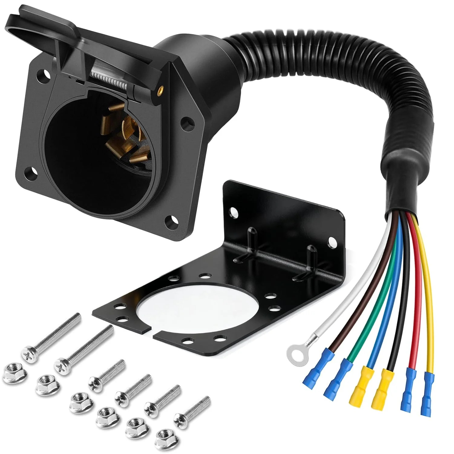Premium 7 Pin Trailer Connector with Mounting Bracket，Heavy-Duty 7 Pin Trailer P