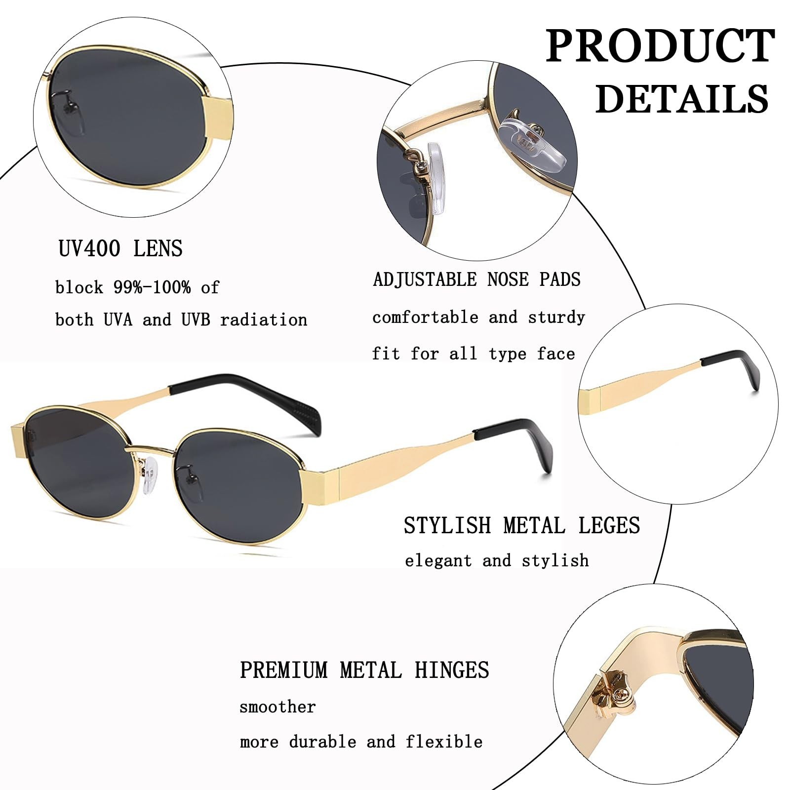 Retro Gold Oval Sunglasses for Women Men Trendy Metal Frame Sun Glasses Class…