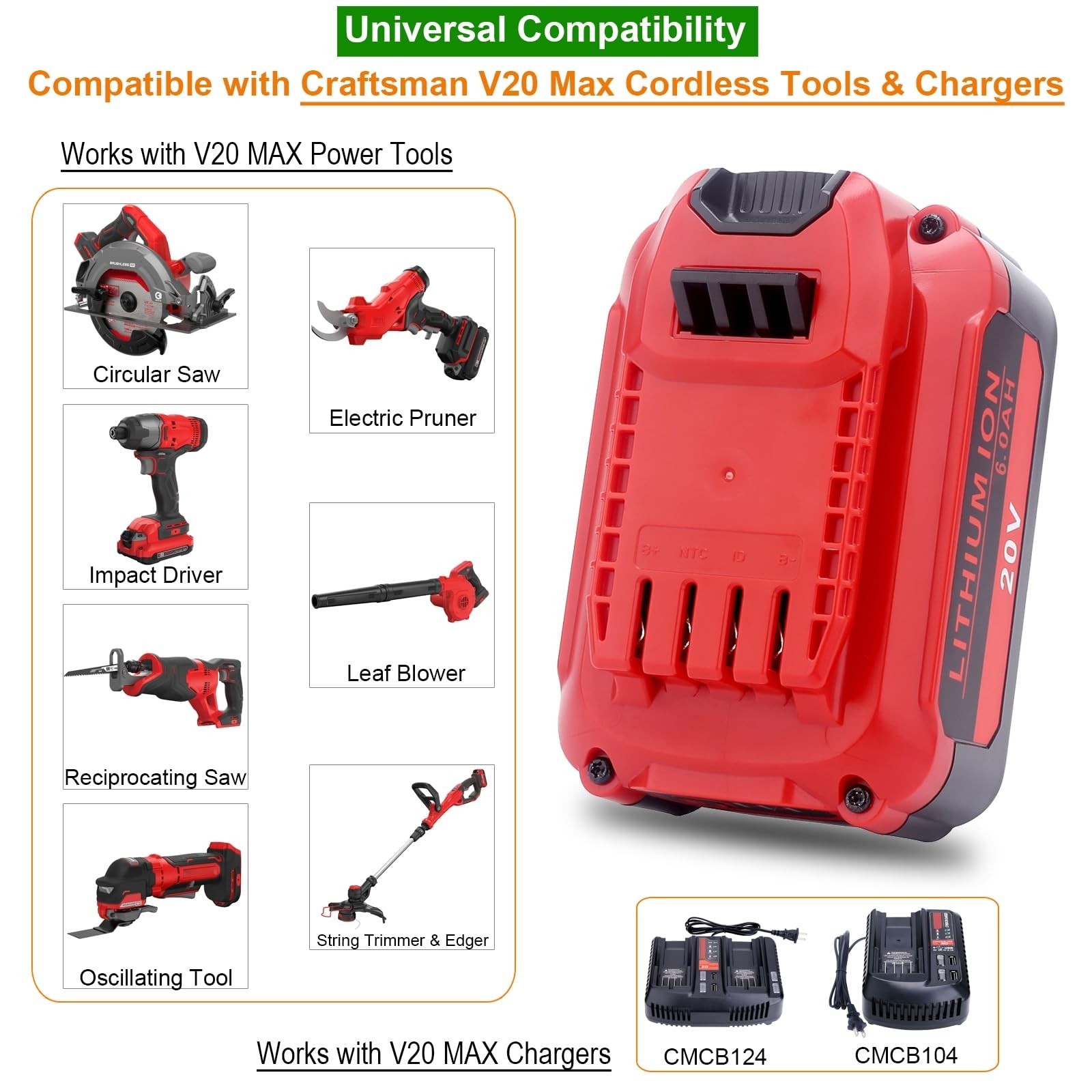 Upgraded 6.0Ah 20V Lithium Replacement Battery Compatible with Craftsman V20 …