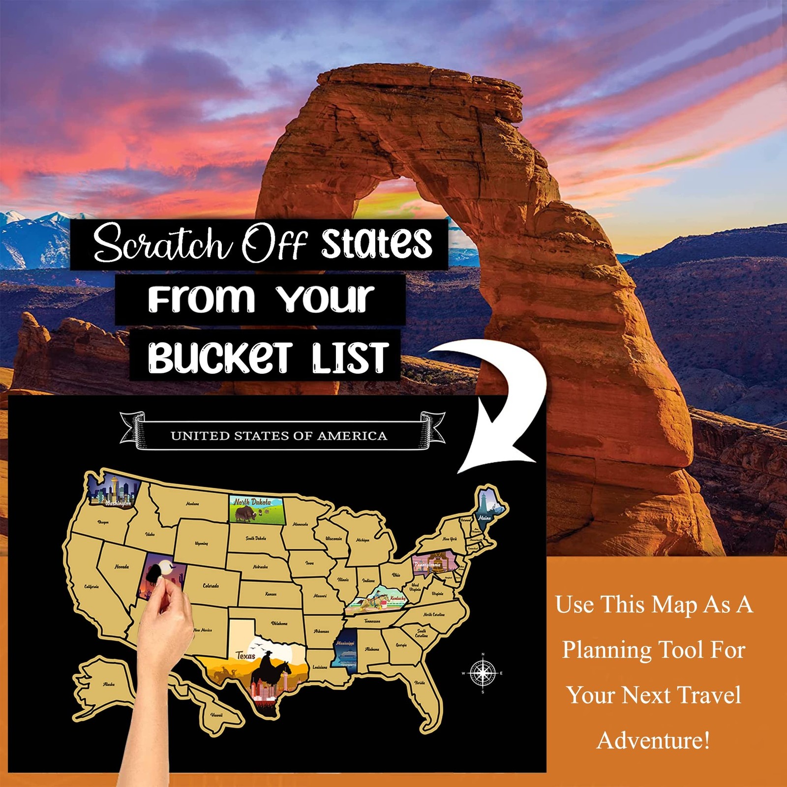Large 23×16 Scratch-Off USA Map – Hand-Drawn Travel Design with Accessories, …