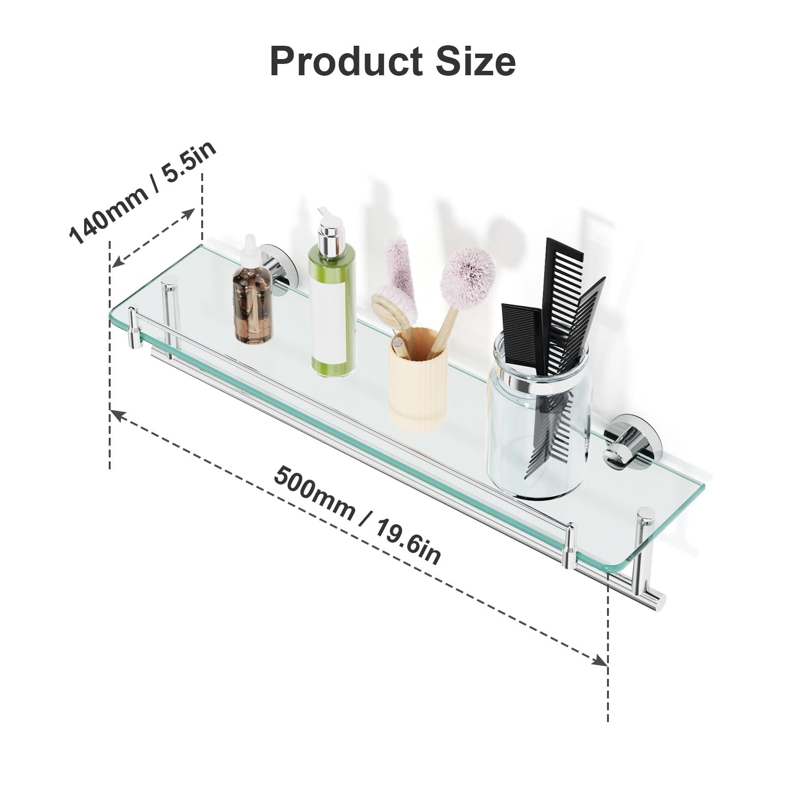 20-Inch Floating Tempered Glass Bathroom Shelf with Towel Bar – Chrome Polish…