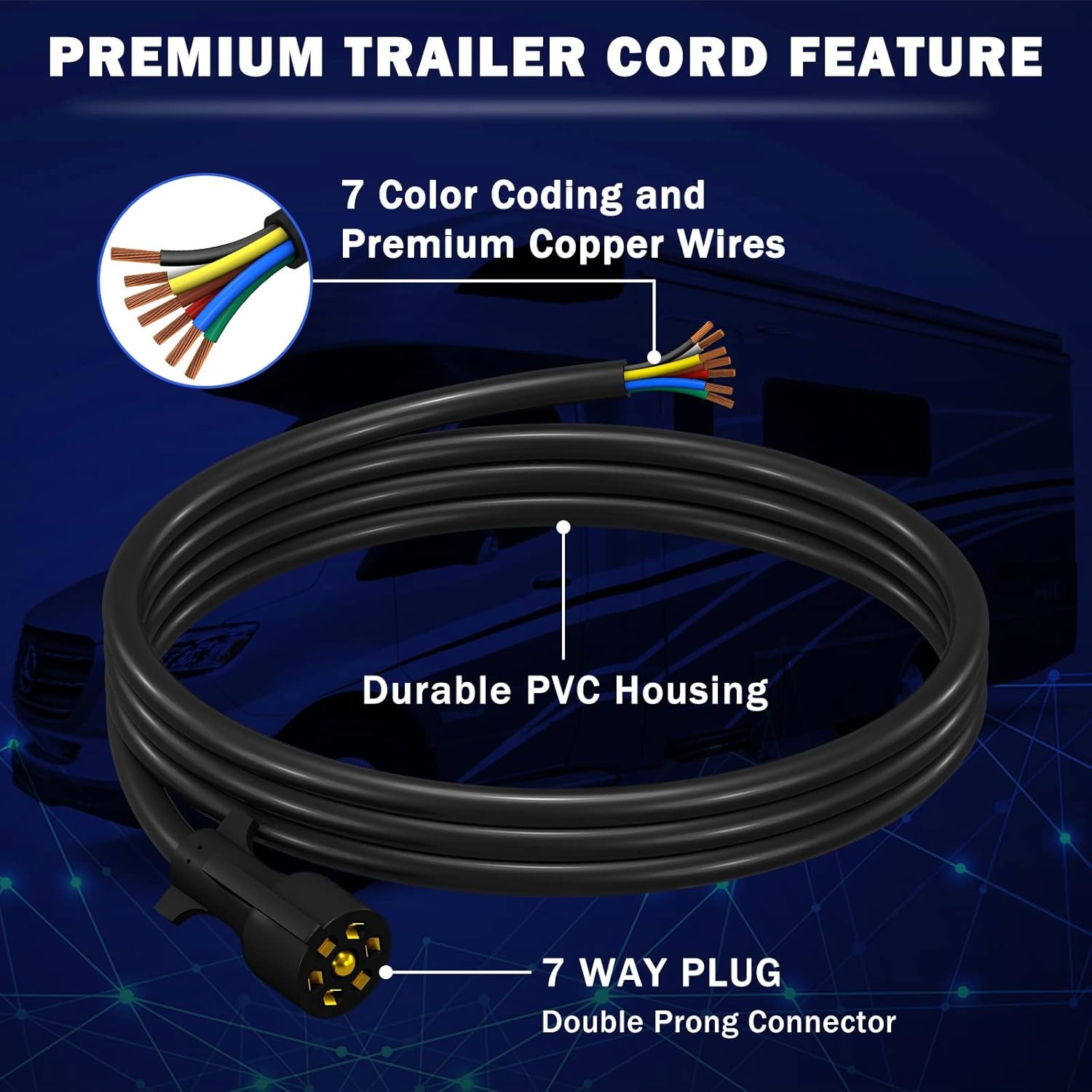 8ft 7 Way Trailer Wiring Harness Plug Cord