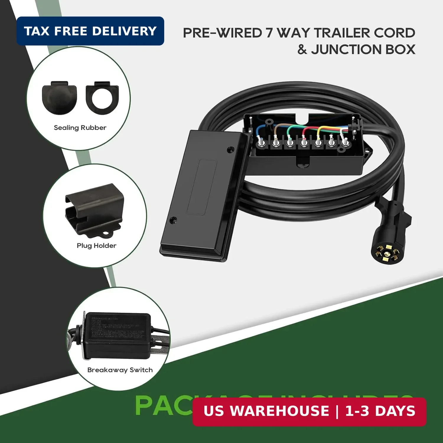 RVGUARD 7 Way Wiring Harness Kit 8 Foot Trailer Cord with 7 Gang Junction Box, I