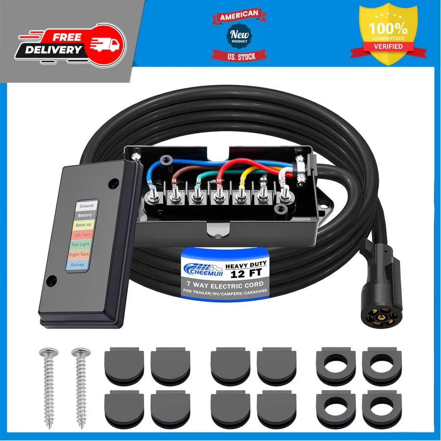 15ft 7 Way Trailer Wiring Harness Kit with Junction Box for RV and Camper