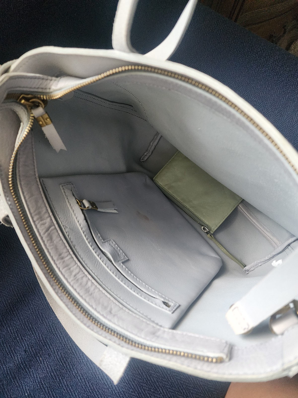 Madewell Light Gray Leather Tote Bag with Detachable Strap, Pouch, Zip Closure