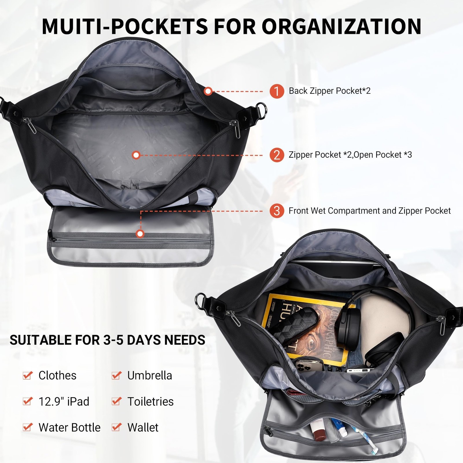 WITZMAN Nylon Duffle Bag for Men 55L with Toiletry Bag Sets Overnight Bag | M…