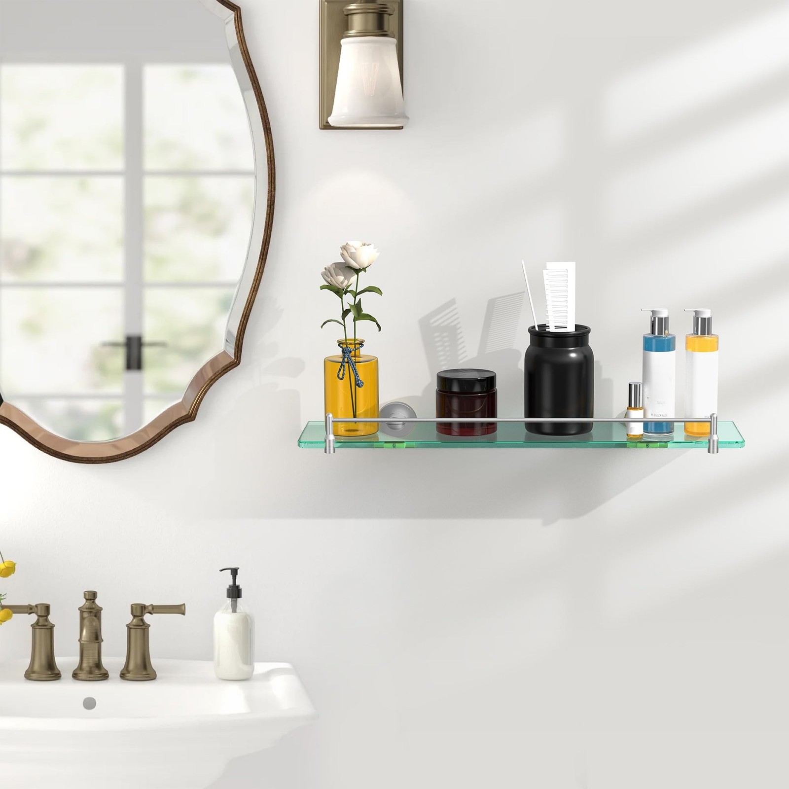 20 Inches Glass Shelves for Bathroom, Brushed Nickel Floating Glass Shelf Sta…