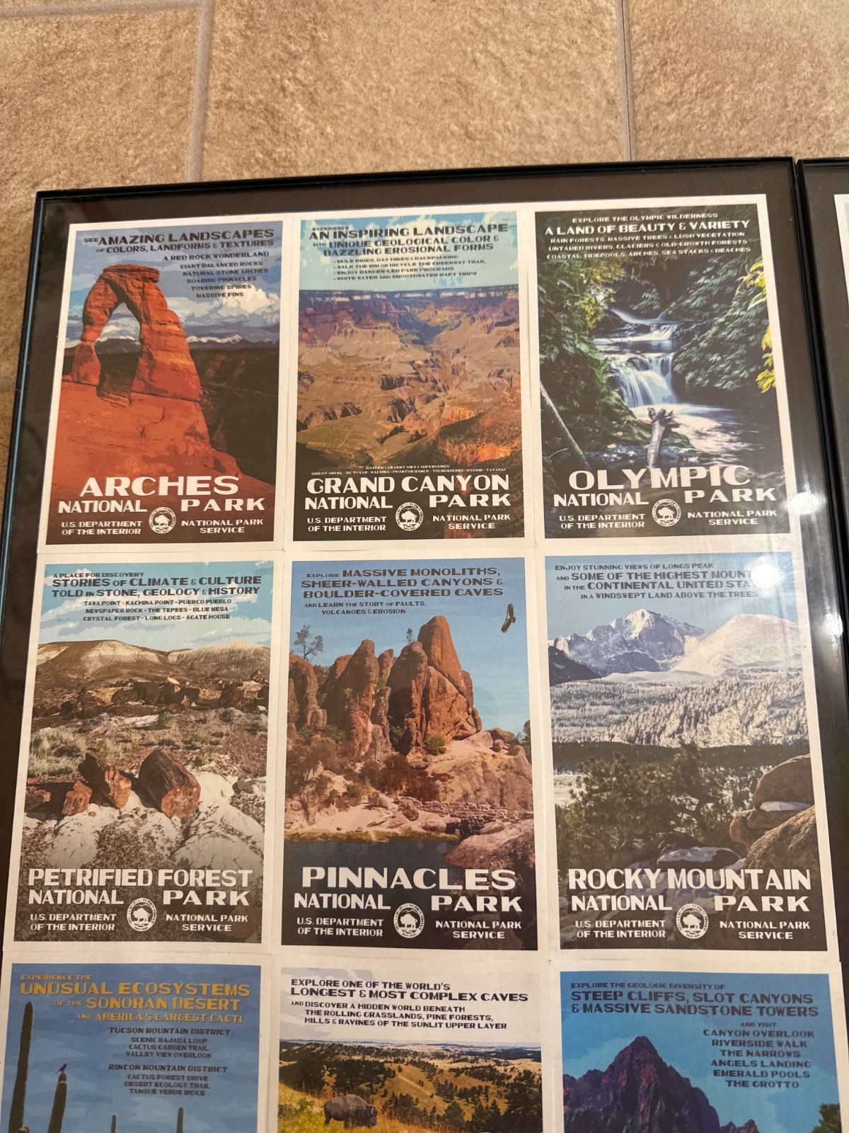 Lot Of 2 Framed Collection Of National Parks Cards 13″ x 20″ Yellowstone Arches