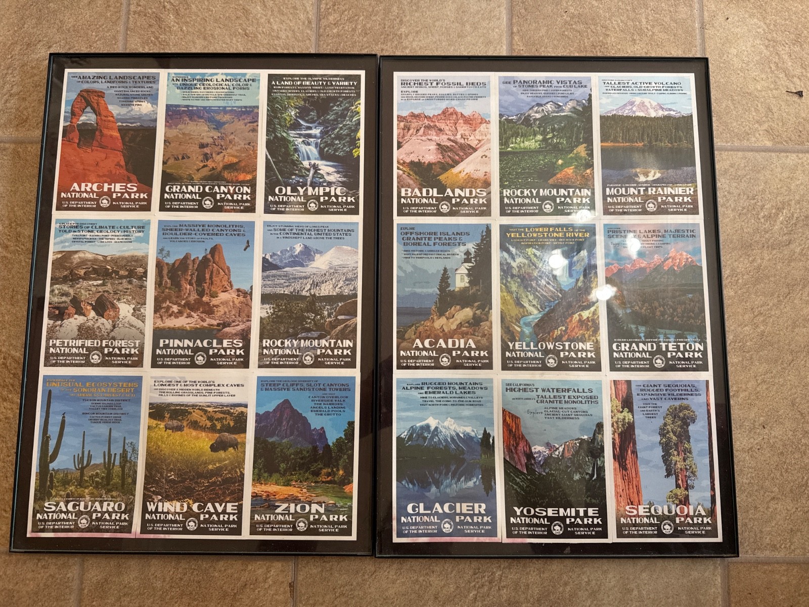 Lot Of 2 Framed Collection Of National Parks Cards 13″ x 20″ Yellowstone Arches
