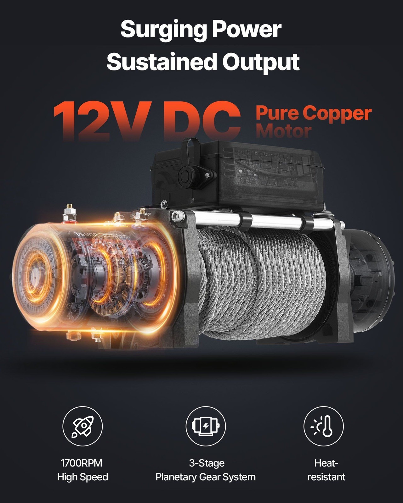 12000lb 12V Electric Winch Unit 0.36in x 80ft Steel Rope IP55 Built-in