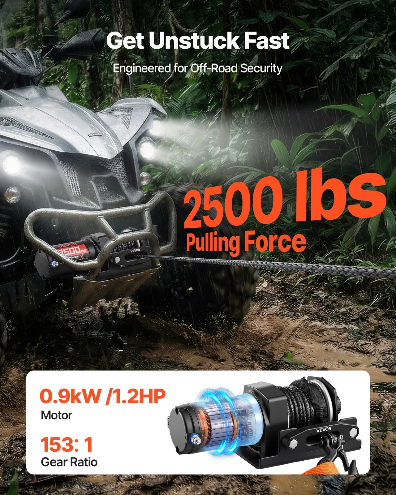 2500 lbs Electric Winch, 12V DC ATV/UTV Winch with ?&brvbar;0.19 in x 39.4 ft Sy