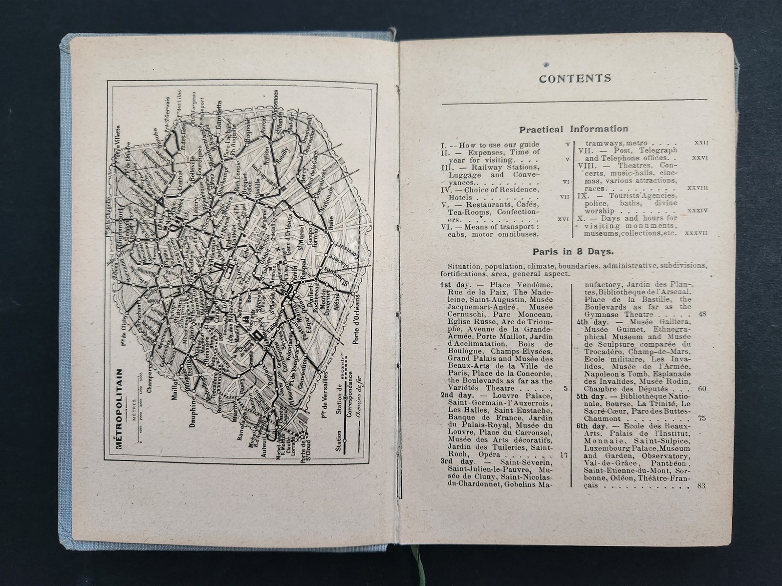 antique PARIS GUIDE travel w FOLDOUT MAP holy stairs die cut kleinert ILLUS