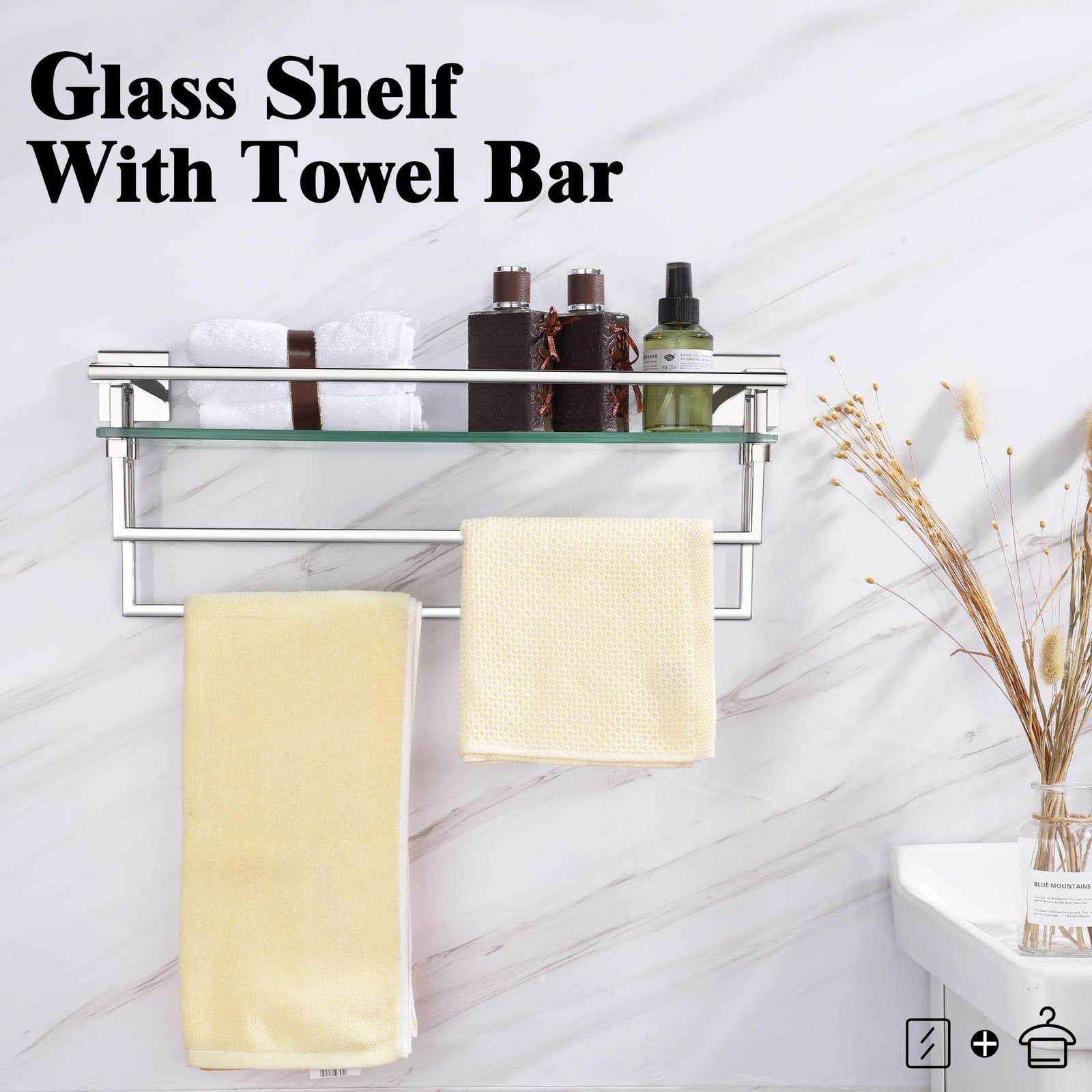 LANC Bathroom Shelf with Towel Bars – 20-Inch Silver Floating Tempered Glass …