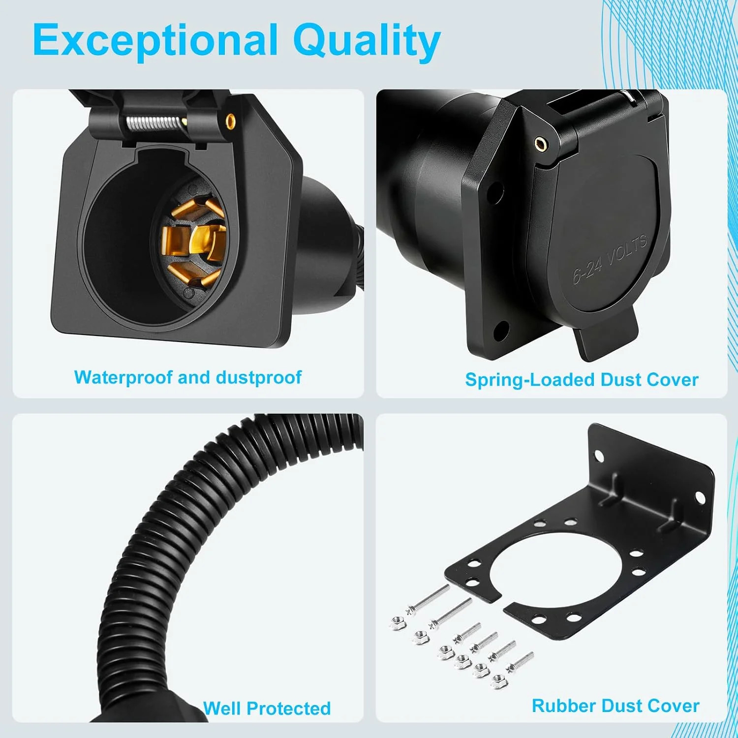 Premium 7 Pin Trailer Connector with Mounting Bracket，Heavy-Duty 7 Pin Trailer P