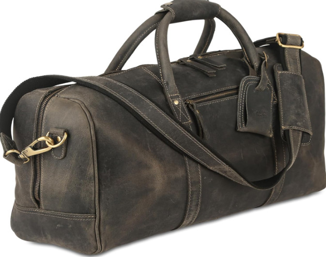 KmalC 24″ Leather Duffle Bag Charcoal Black Distressed Travel Gym NEW