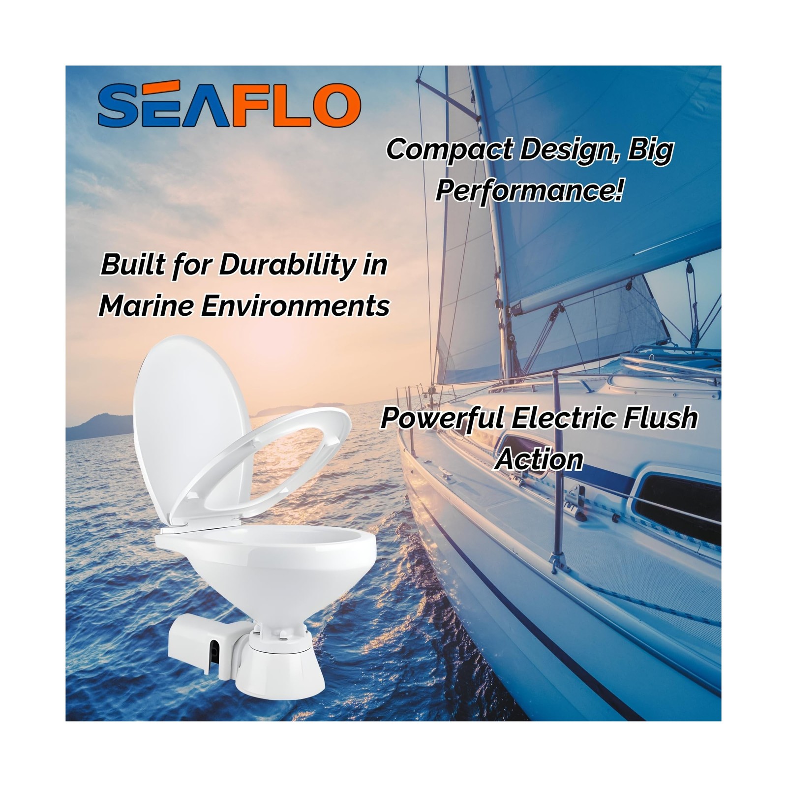 SEAFLO 12V Electric Flush Marine Toilet – Large Size Marine Head – C