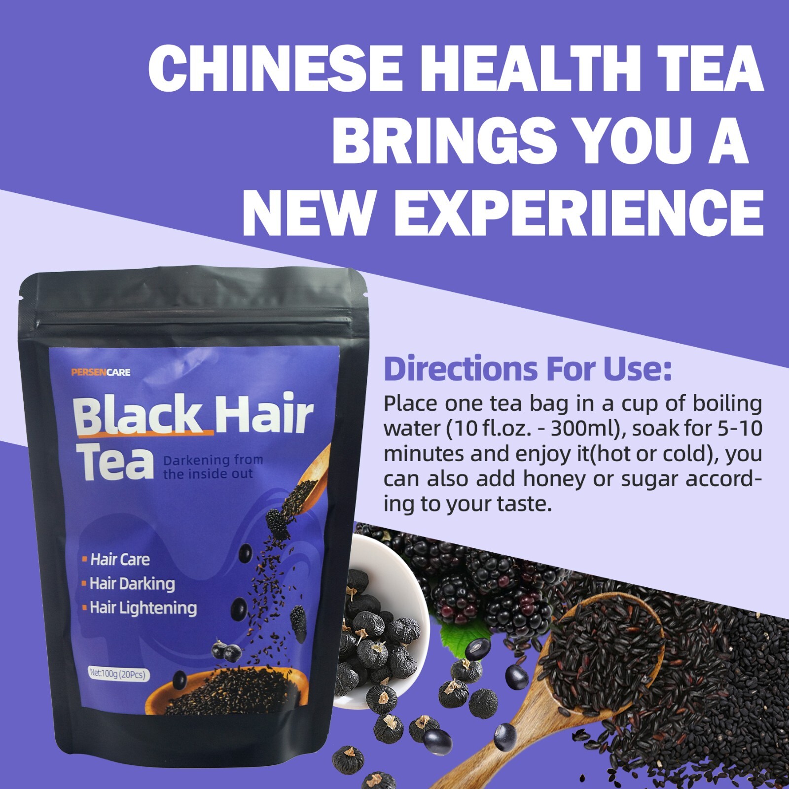 20 Pcs Natural Black Hair Tea Man & Woman Hair Growth thickning and Darkening