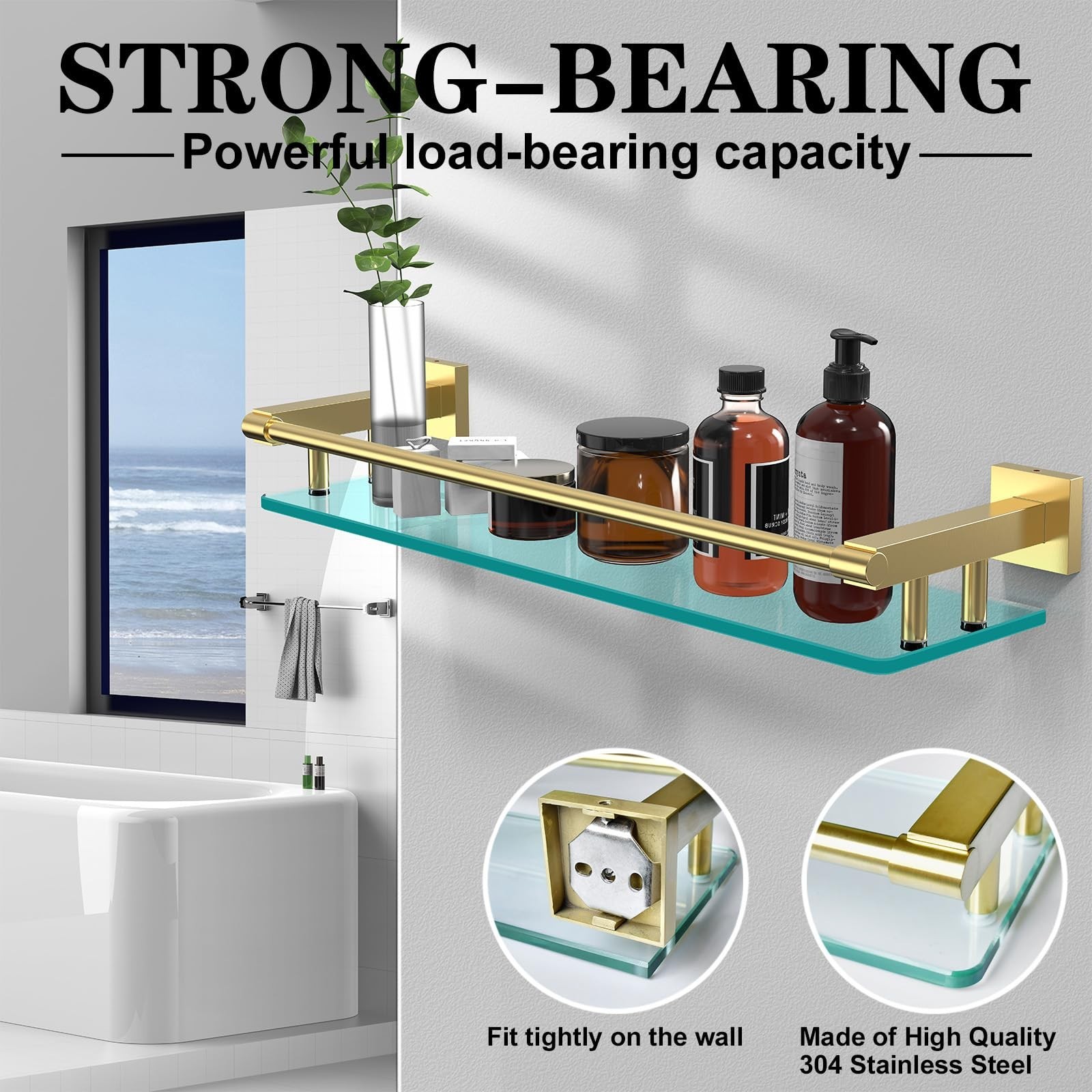 Glass Shelf for Bathroom, 20 Inch Tempered Glass with Brushed Gold Stainless …