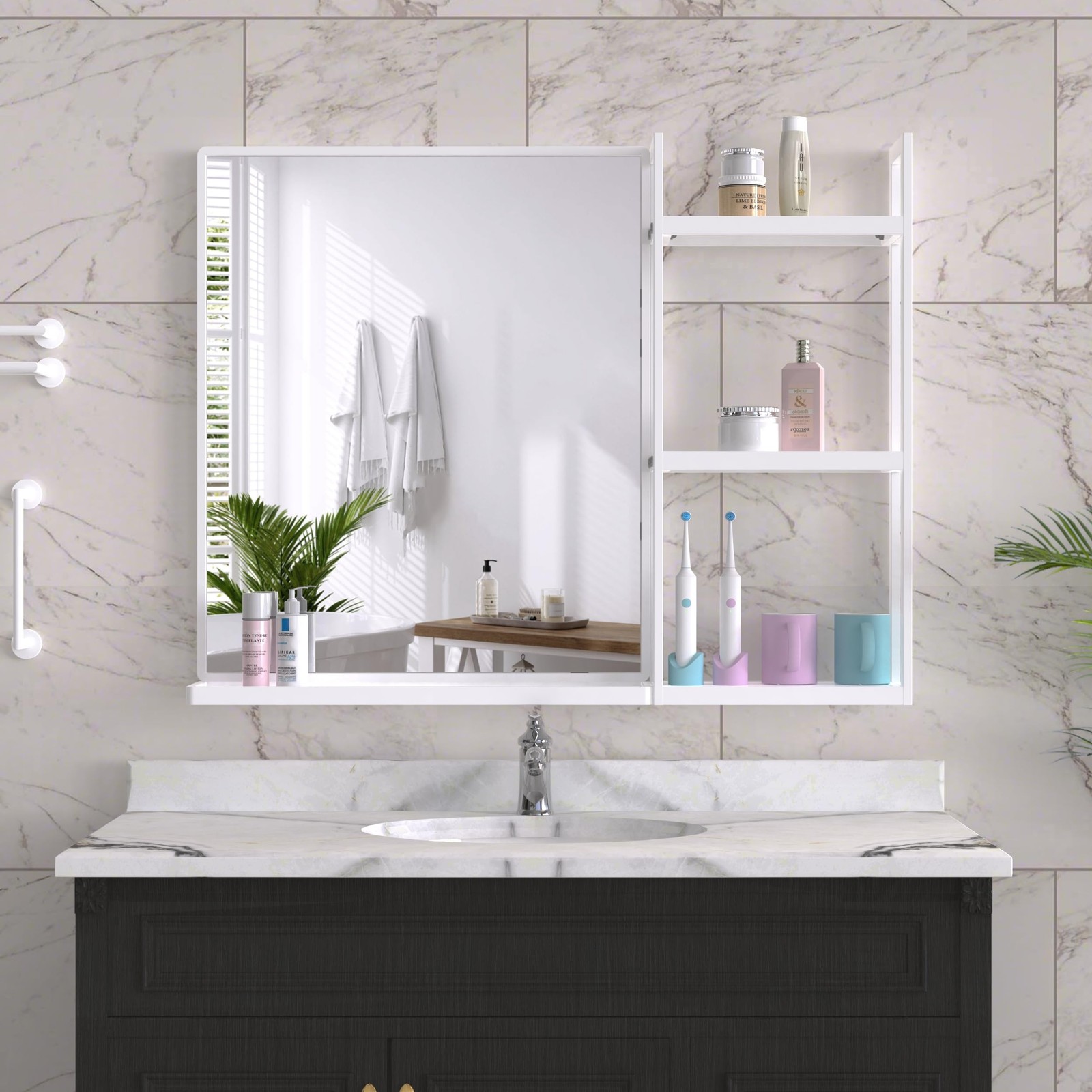 WONSTART White Metal Framed Bathroom Mirror with Shelf, 24.4 X 31 in Rectangu…