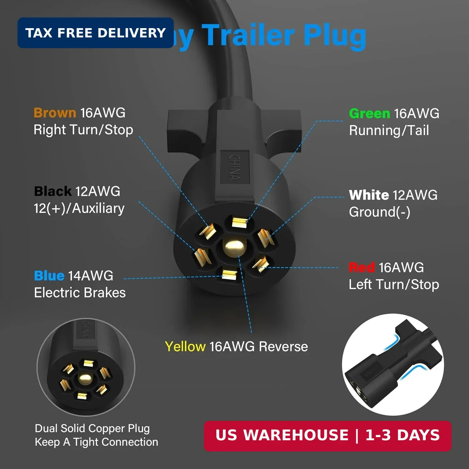 Heavy Duty 7 Way Plug Inline Trailer Cord 12 Ft 7 Gang Waterproof Wiring