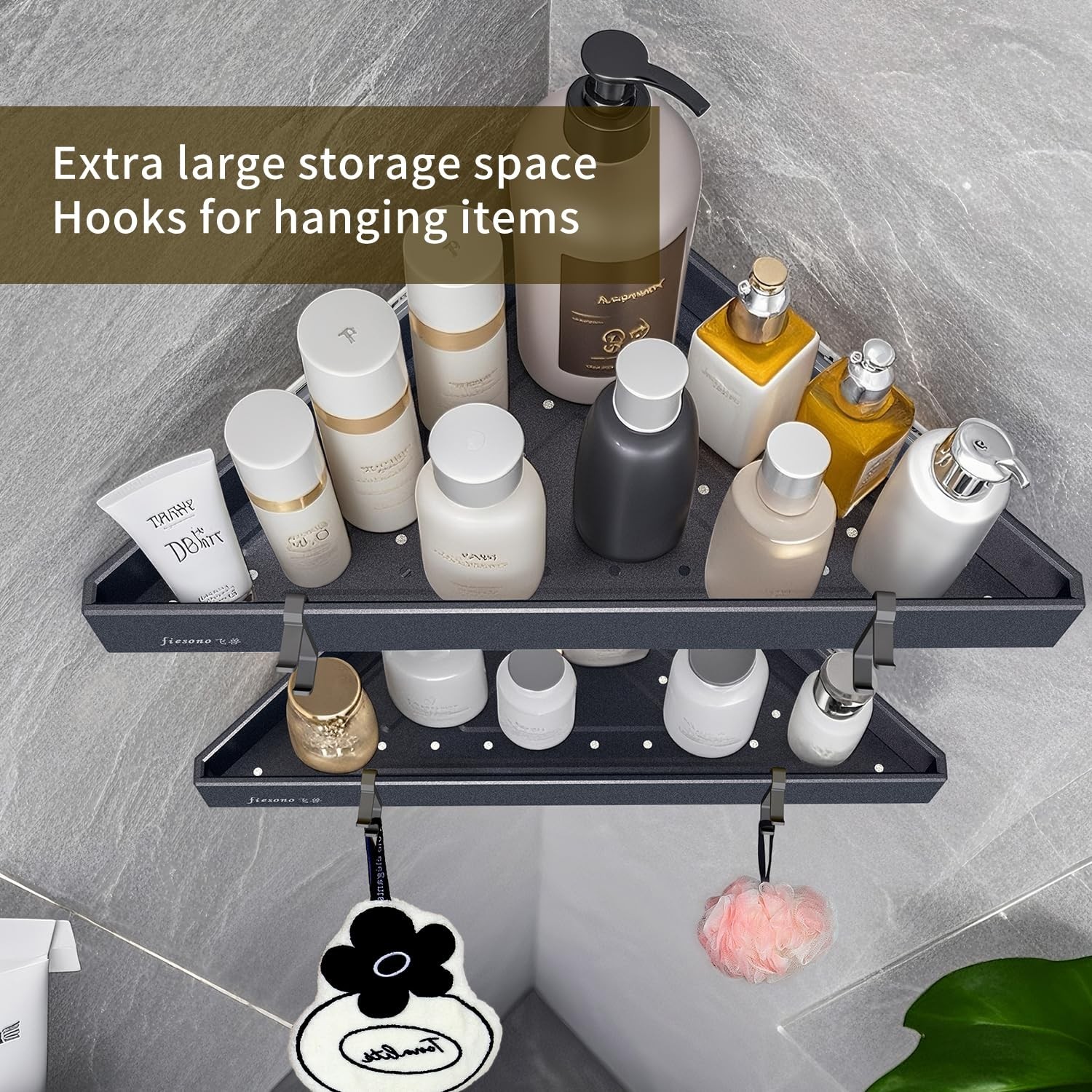 Corner Shower Shelves with Hooks, 2-Tier Triangular Metal Shower Corner Caddy…