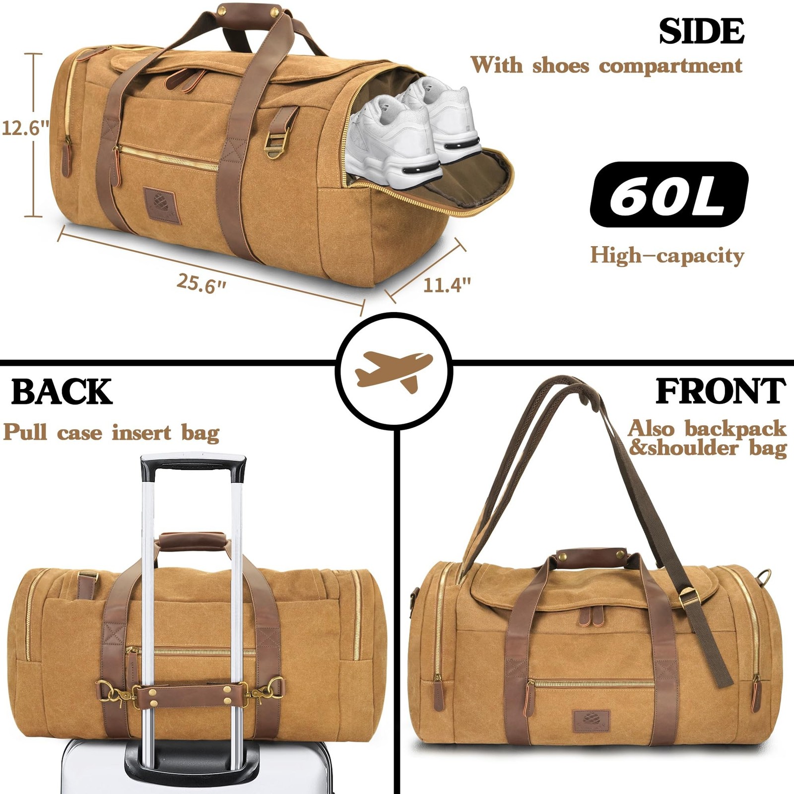 60L Travel Bags for Men, Nomad Canvas Duffle Bag Vintage Genuine Leather Trav…