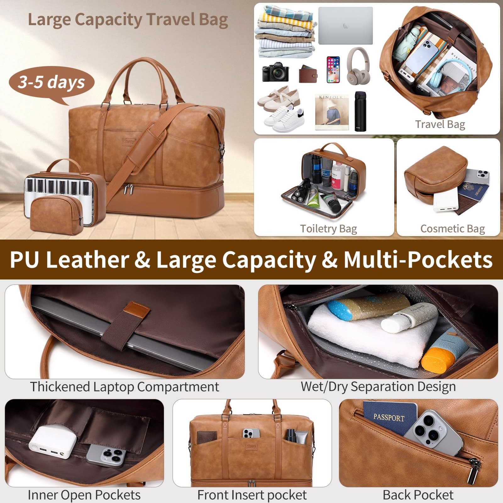 Faux Leather Weekender Bags for Women: Large Overnight Bags Travel Duffel Bag…