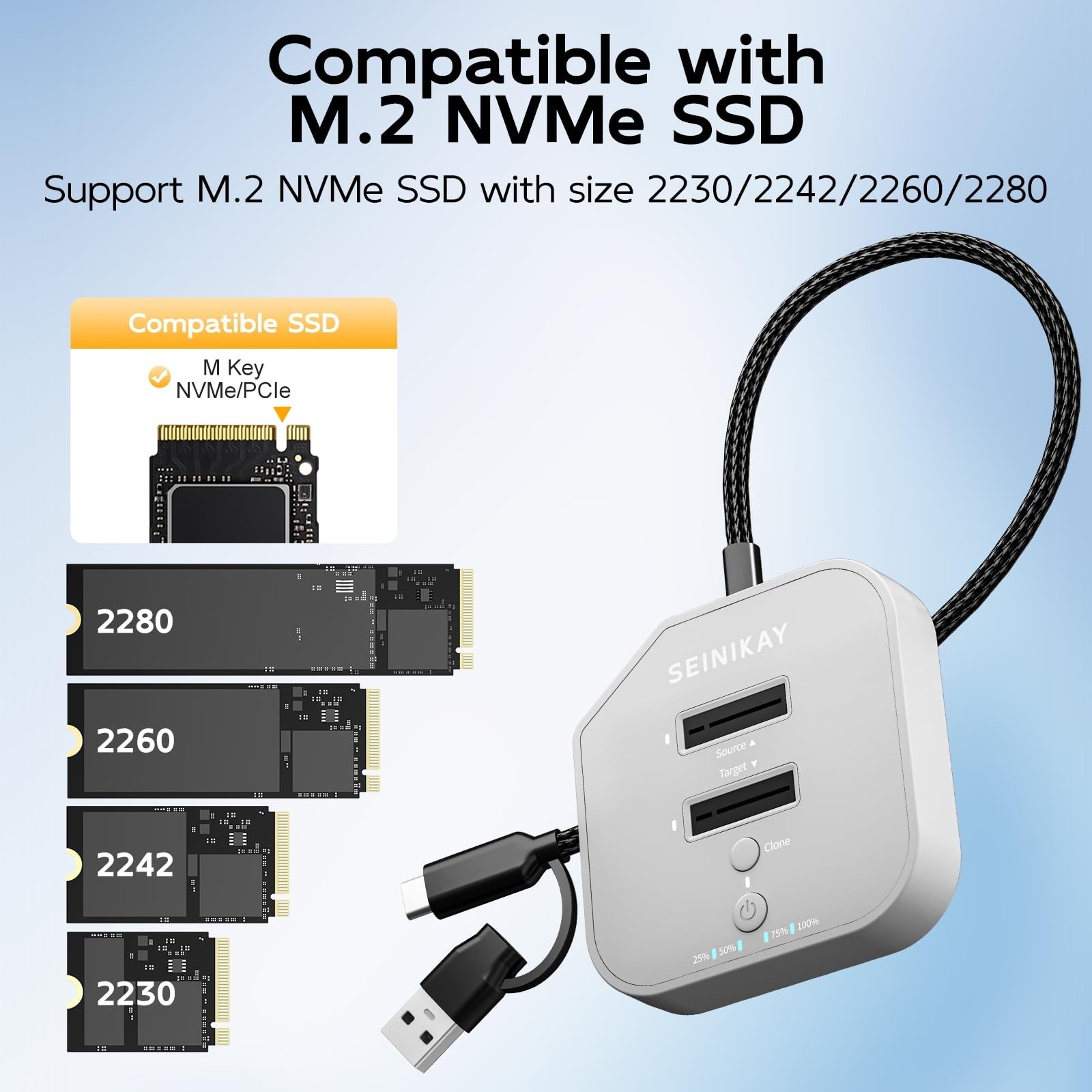 NVMe Cloner – 20Gbps M.2 SSD Duplicator with C to C-A Cable, Offline Clone