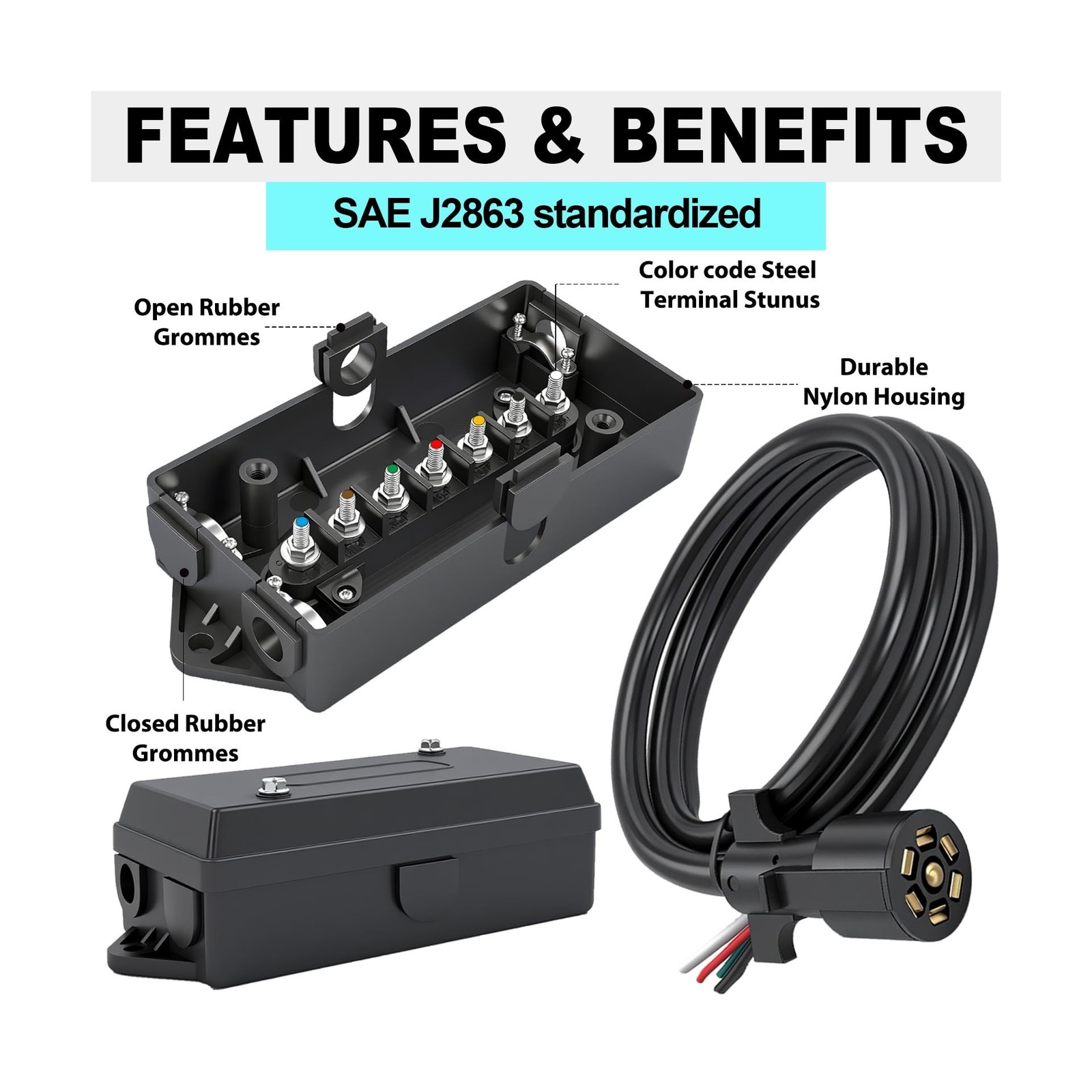 7 Pin Trailer Wiring Harness with 7 Gang Junction Box – 4 Feet, Heavy Duty 7-…