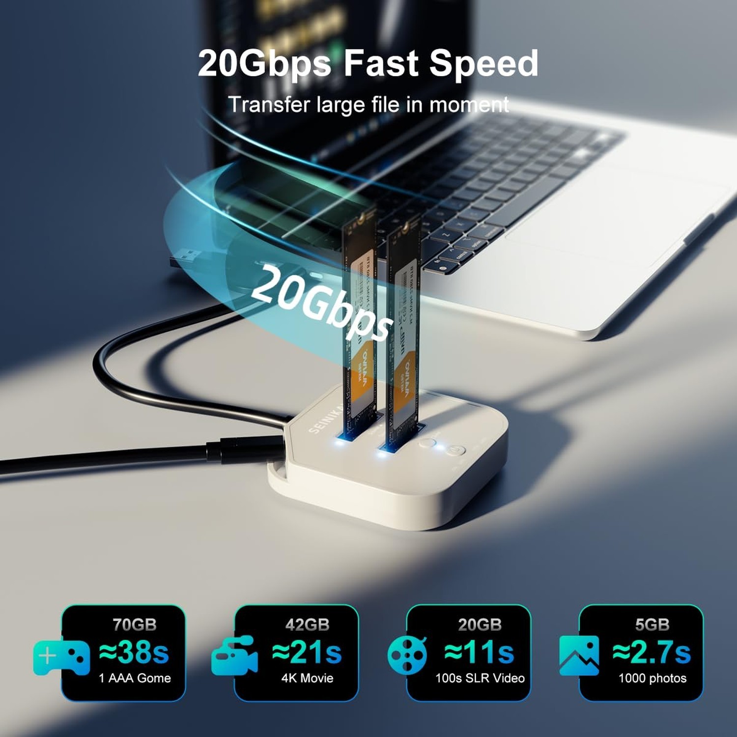 NVMe Cloner – 20Gbps M.2 SSD Duplicator with C to C-A Cable, Offline Clone