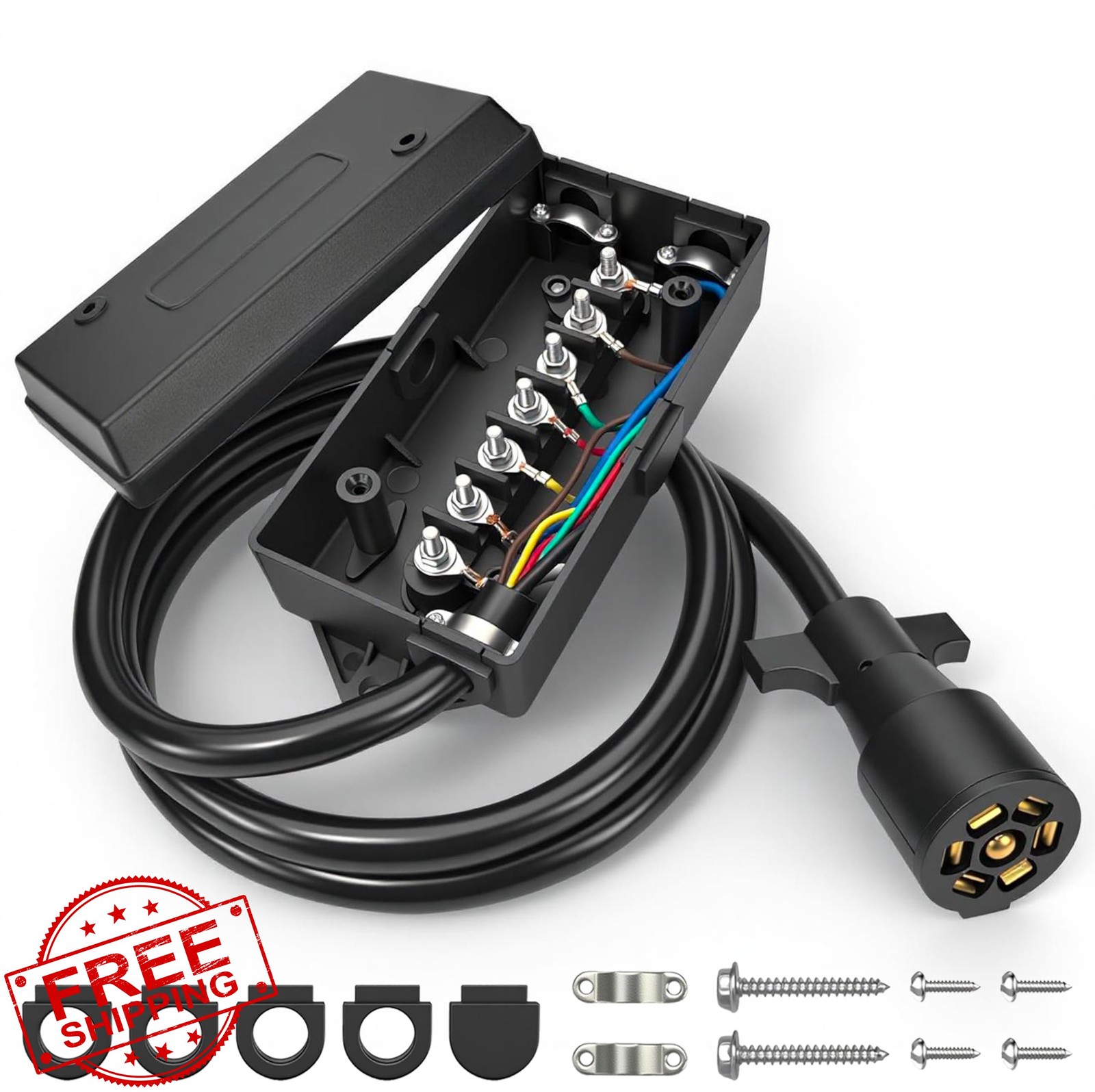 PKDOAX 7 Pin Trailer Wiring Harness 6FT 7 Way Plug Junction Box RV Truck
