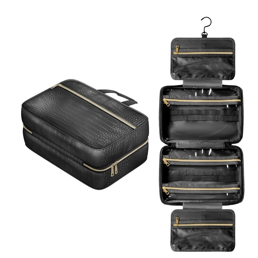 Leather Hanging Toiletry Bag for Men Women Spacious Toiletry Travel Bag Black