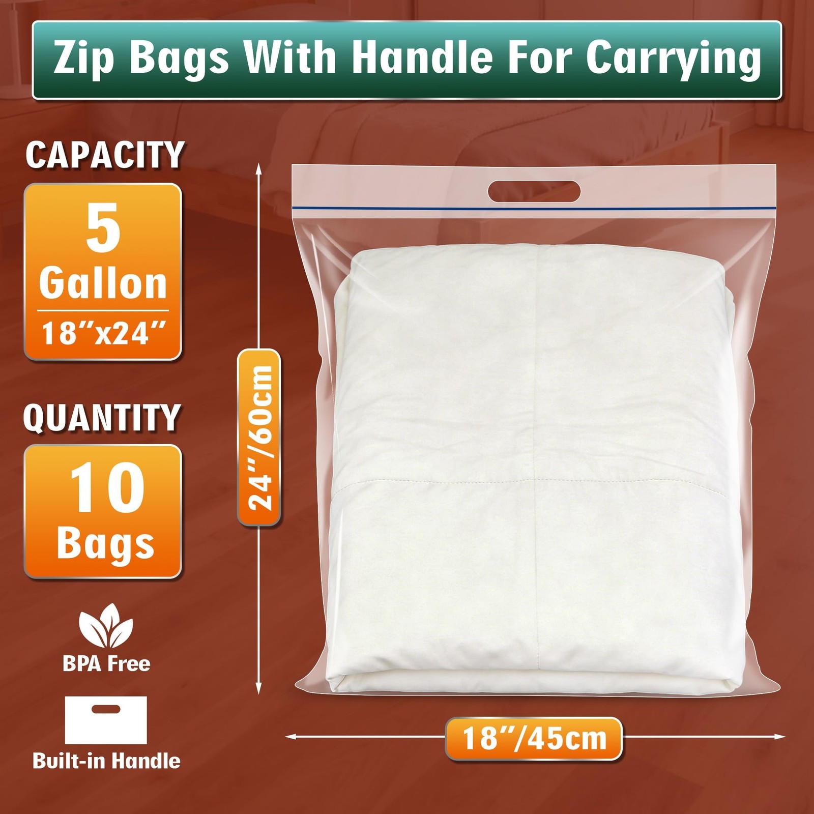 5 Gallon Extra Large Zipper Bag, 18” x 24” Clear Plastic Zip Bag wit