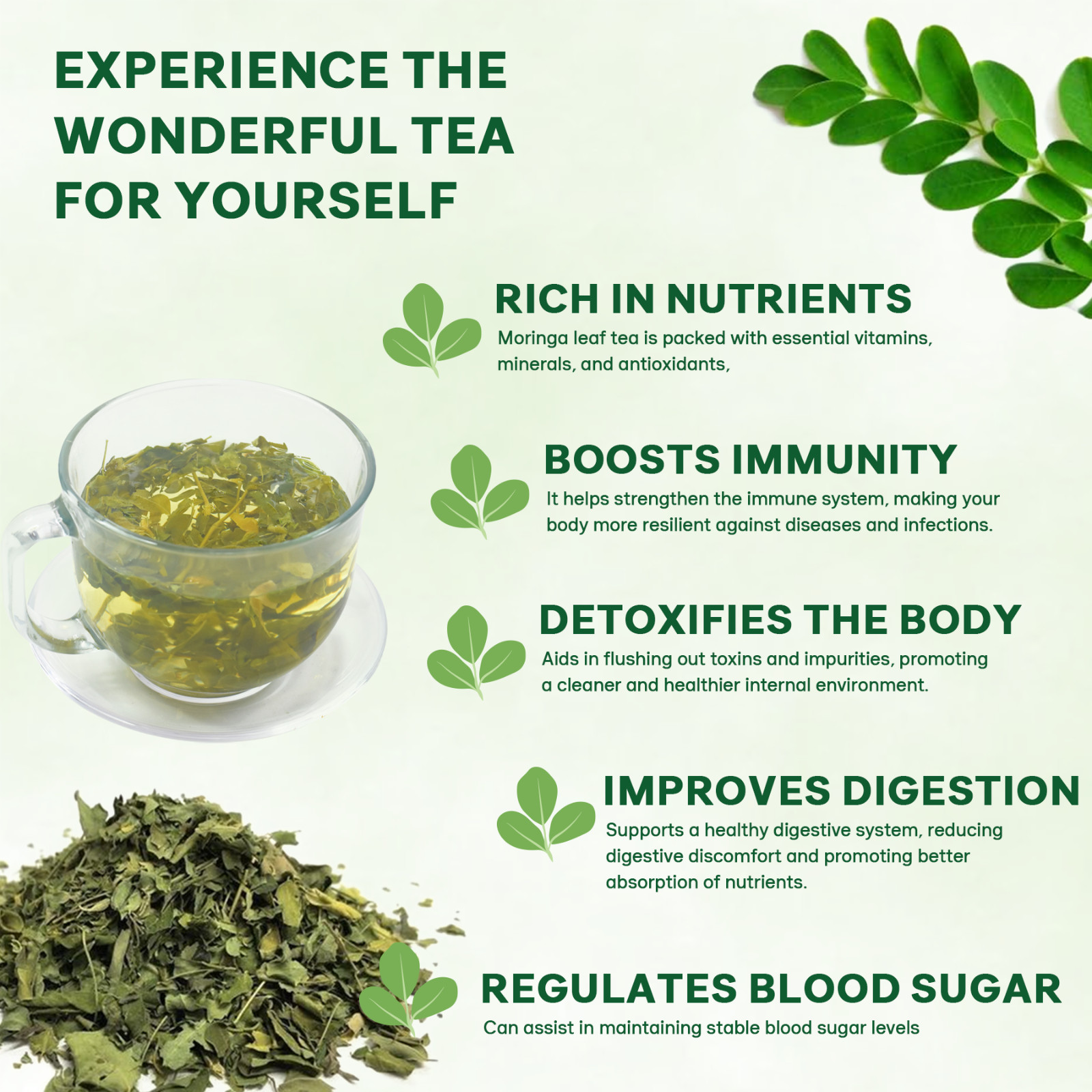 100g Natural Dried Moringa Leaf Tea Boost Inmminity Organic Pure Oleifera Leaves