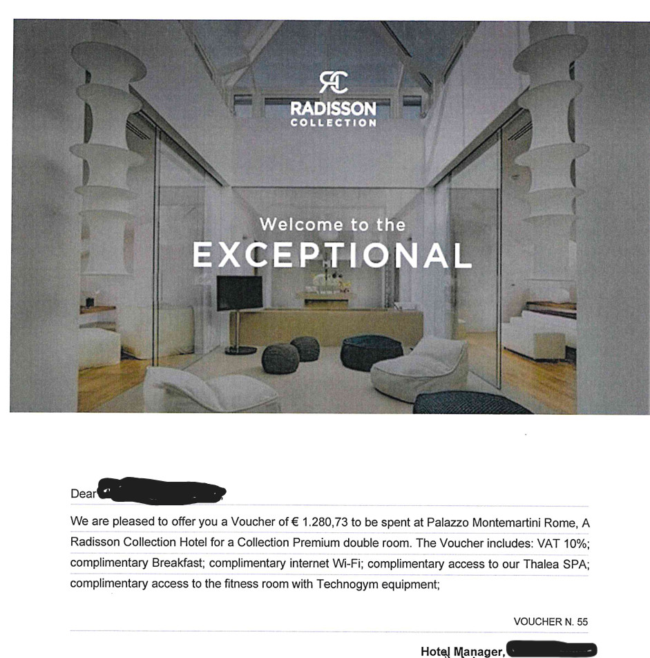 Voucher for a 5* hotel: Palazzo Montemartini Rome, A Radisson Collection Hotel