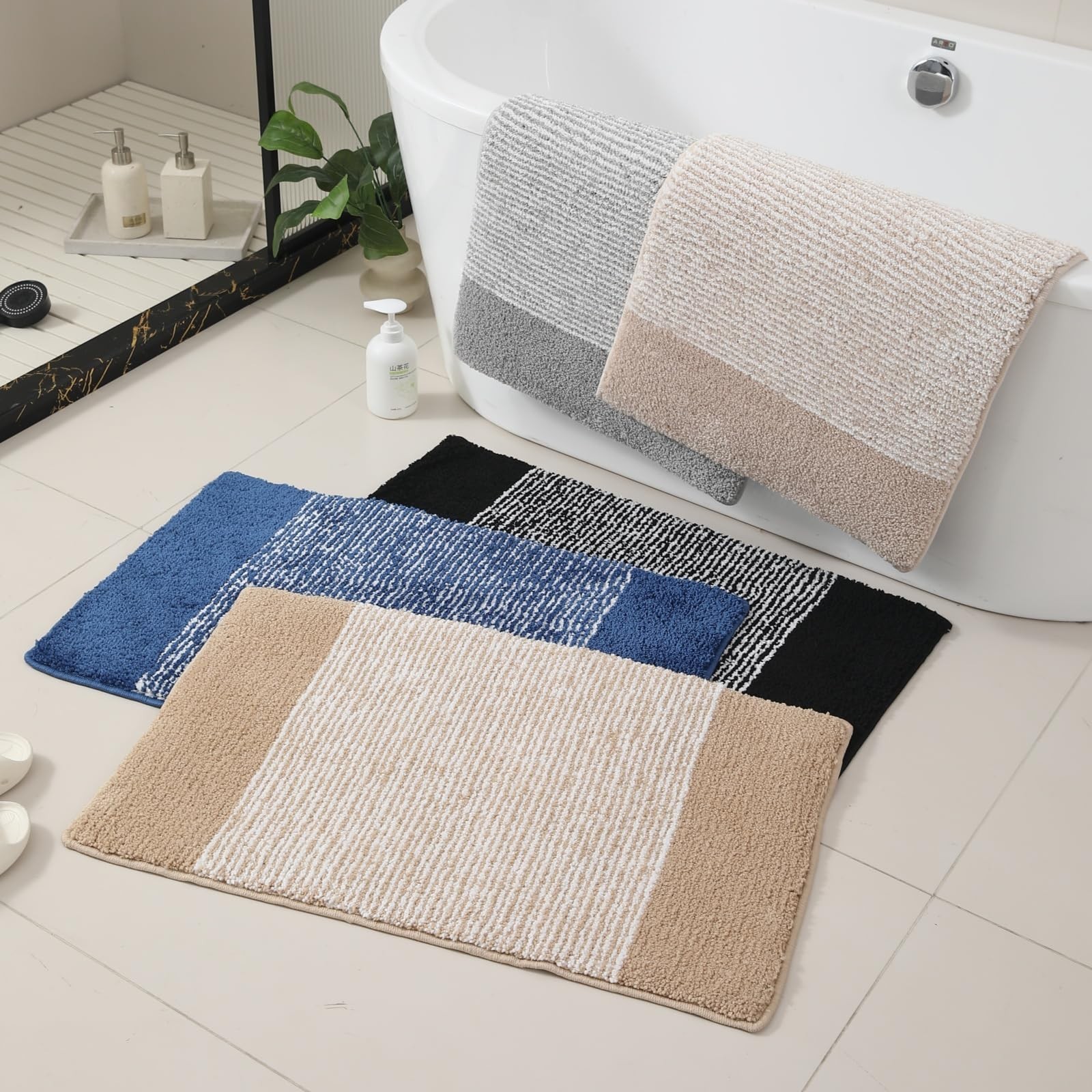 Bathroom Mat 32×20, Soft Absorbent Striped Bath Mats, Machine Washable Microf…